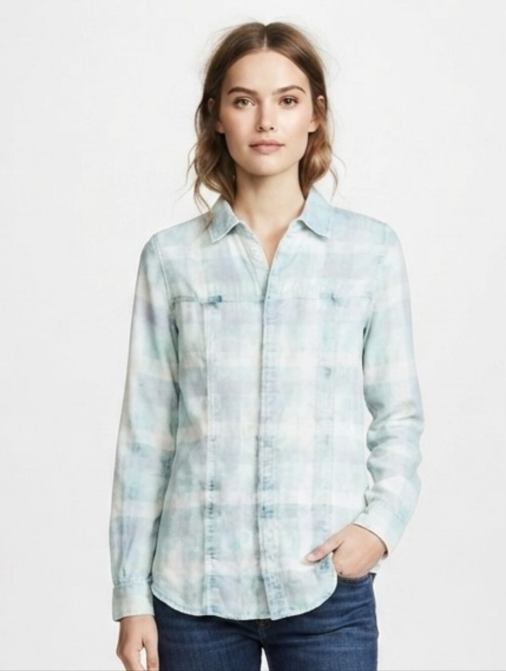 HUDSON  long sleeve snap up shirt In Blue/white Plaid Mix Size Small